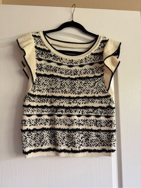 Anthropologie Cream & Black Ruffle-Sleeve Knit Top
